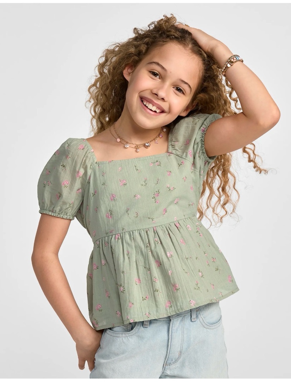 Girls' Sage Green Puff-Sleeve Bow Back  Peplum Top